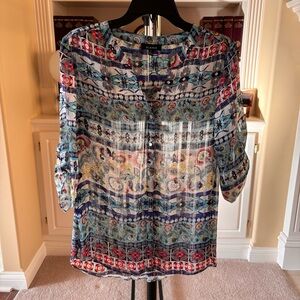 GLANCE Women's blouse with a vibrant, multi-patterned design small